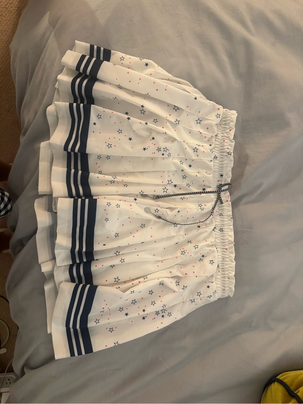 White Pleated Star-Print Skirt with Navy Trim Tennis Skirt